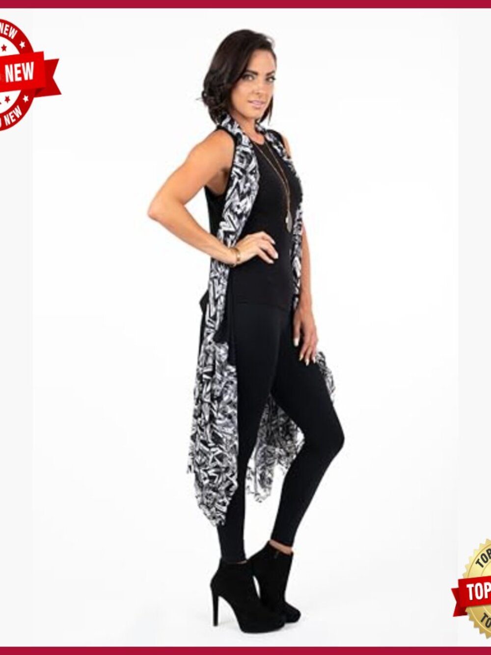 Printed Long Duster with Pockets, Sleeveless Open Front Cardigan - Picture 2 of 5
